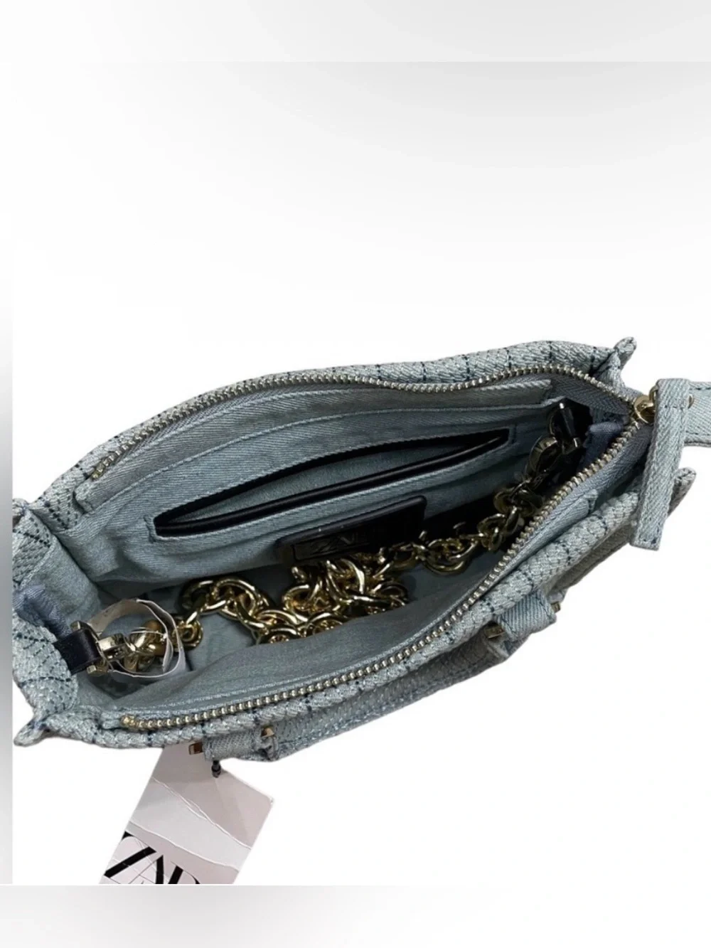 ZARA Light Blue Small Satchel Top Handle Zip Bag Gold Hardware Detachable Strap